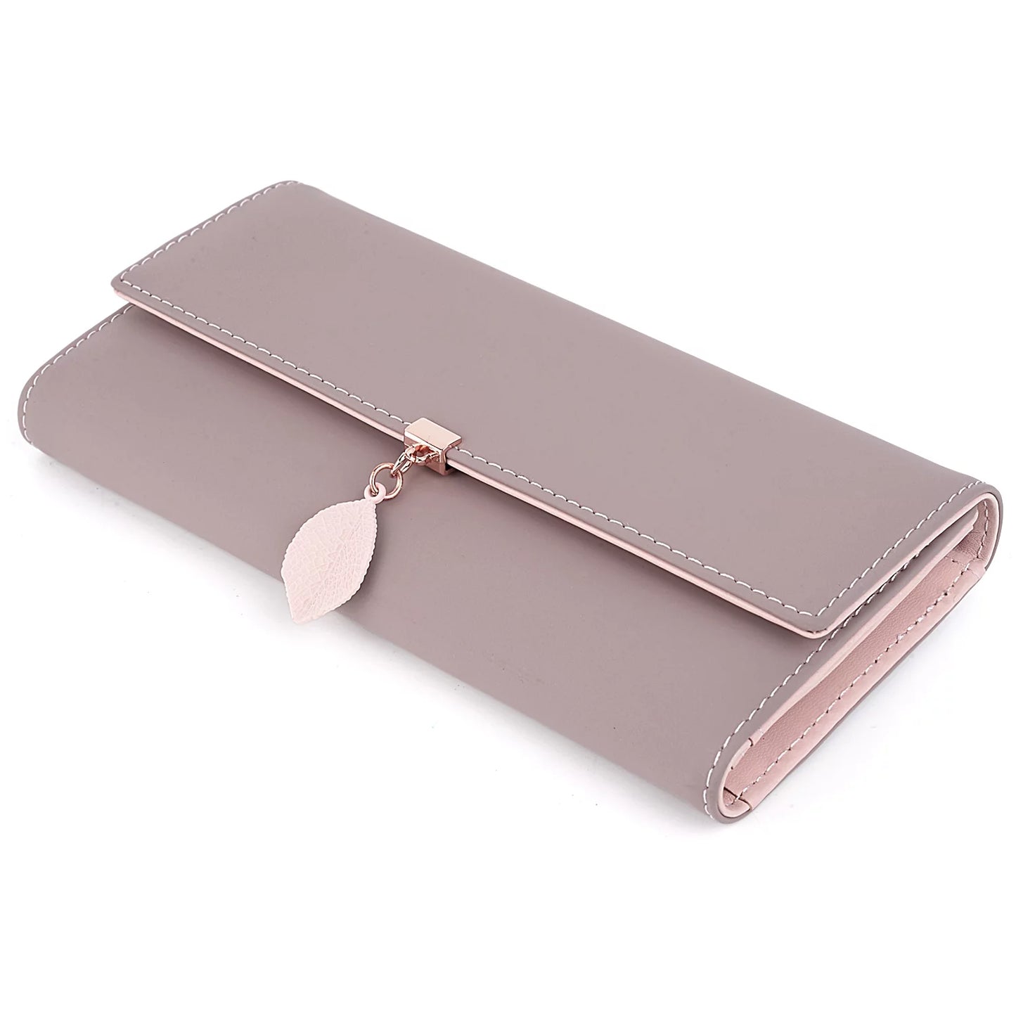 Womens Wallet PU Leather RFID Blocking Card Holder Elegant Zipper Coin Purse Leaf Pendant(Pale Mauve-2)