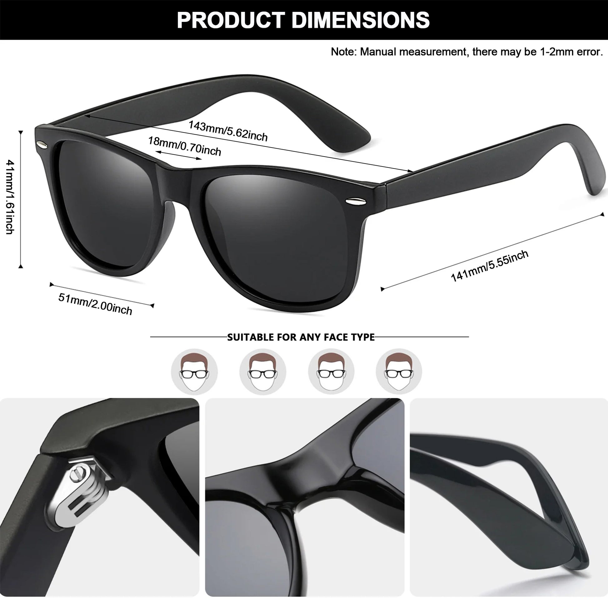 Square Sunglasses Polarized UV Protection Retro Trendy Designer Sun Glasses Men Women (Black)