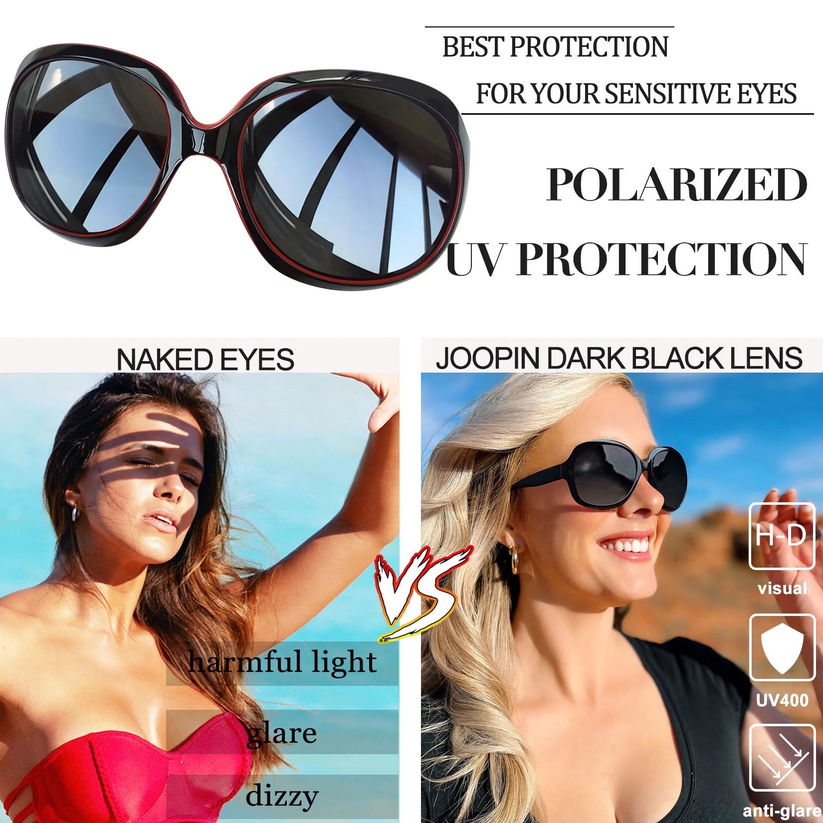 Polarized Sunglasses for Women, Ladies Oversized Sun Glasses UV Protection (Black Red)